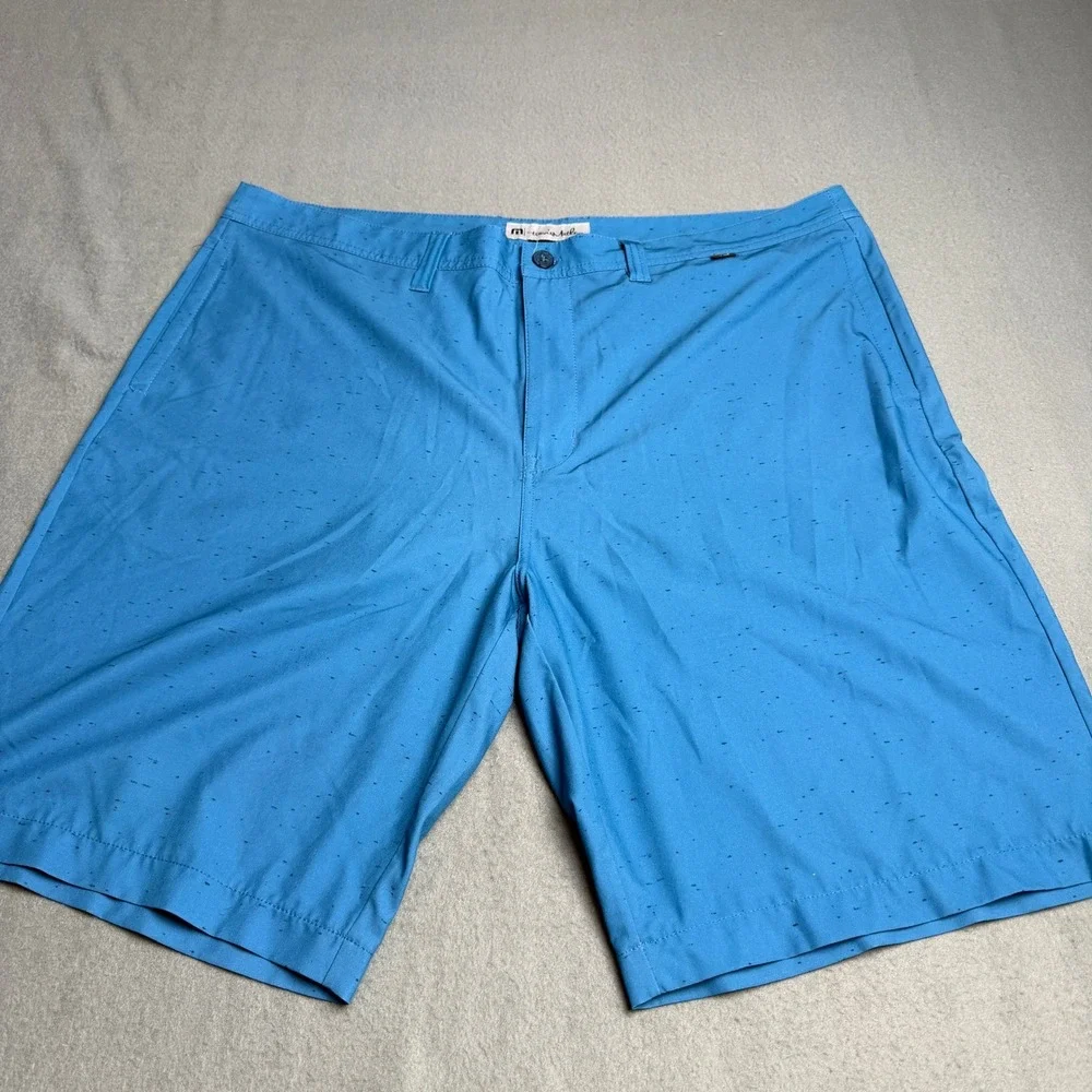 TravisMathew Mens Blue Fleck Stretch Golf Shorts Size 40 Help Wanted Patch